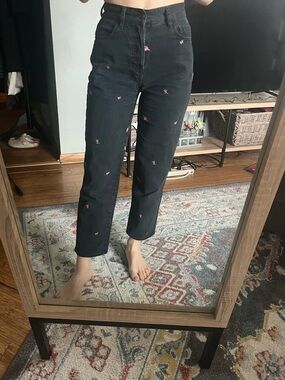 PacSun Black Cropped Jeans with Pink Embroidered Accents